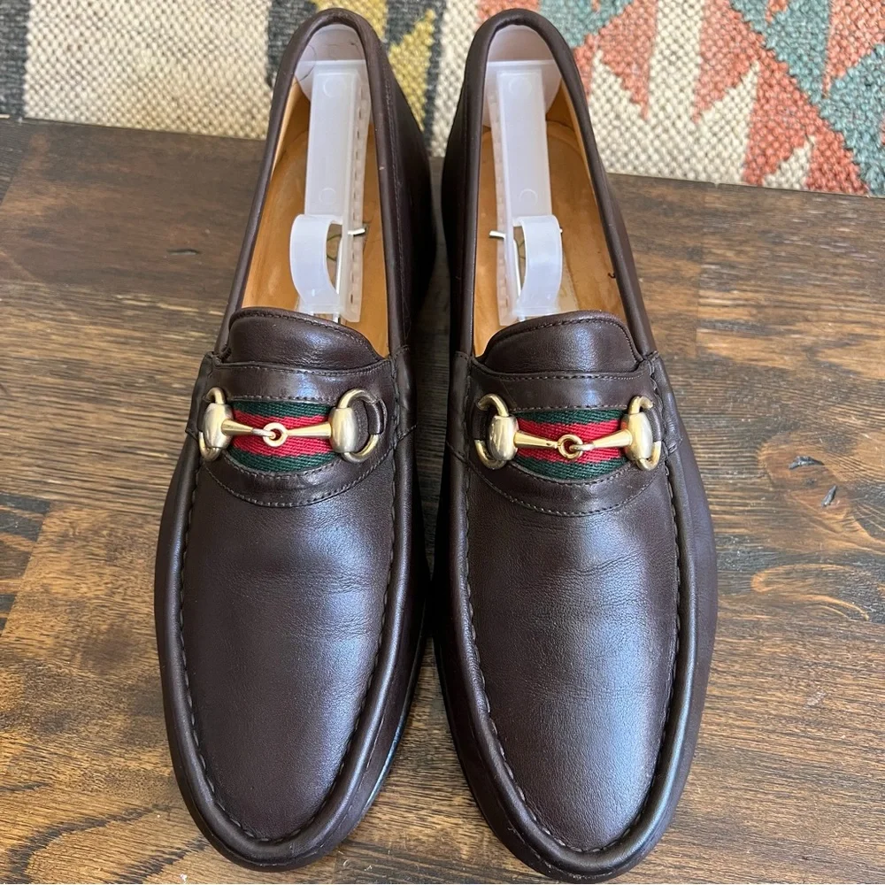 GUCCI Brow Leather Web Detail Horsebit Loafers EU41.5 US8